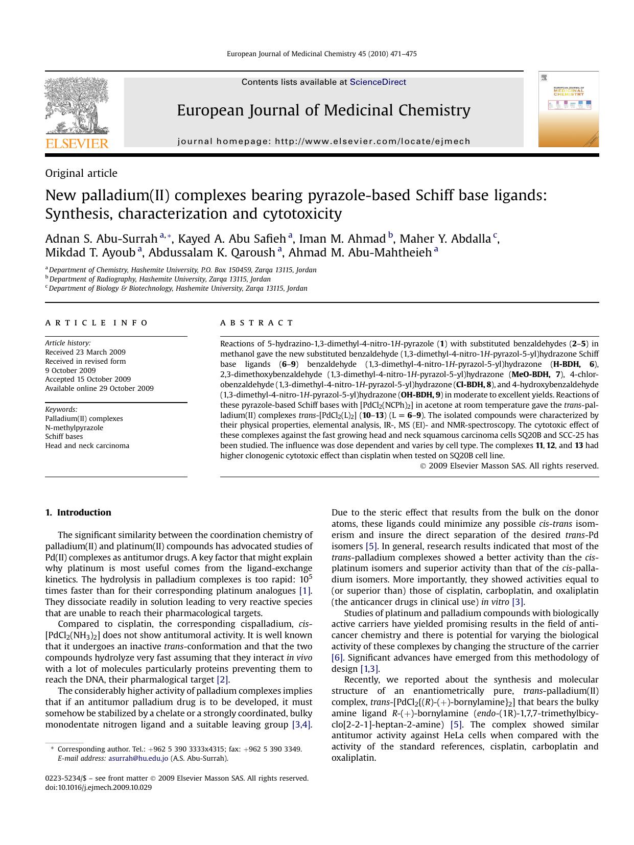 New palladium(II) complexes bearing pyrazole-based Schiff base ligands: Synthesis, characterization and cytotoxicity by unknow