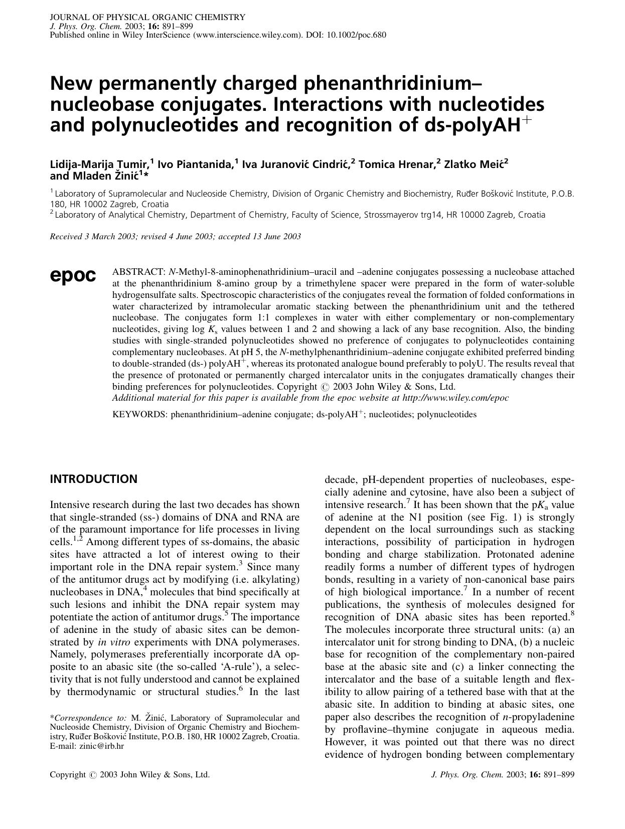 New permanently charged phenanthridinium-nucleobase conjugates. Interactions with nucleotides and polynucleotides and recognition of ds-polyAH+ by Unknown
