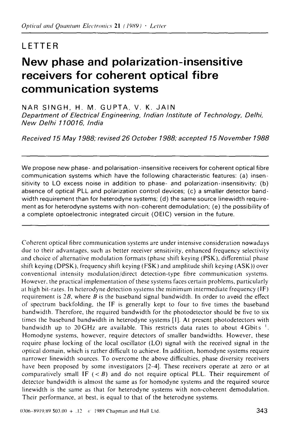 New phase and polarization-insensitive receivers for coherent optical fibre communication systems by Unknown