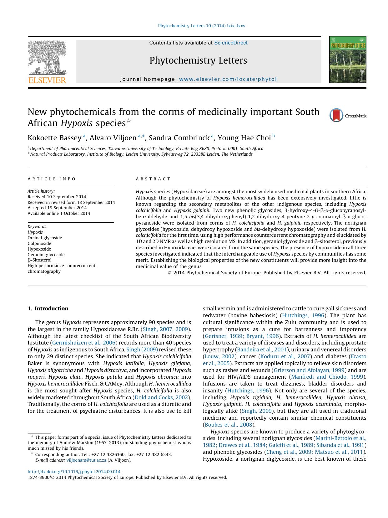 New phytochemicals from the corms of medicinally important South African Hypoxis species by Kokoette Bassey & Alvaro Viljoen & Sandra Combrinck & Young Hae Choi