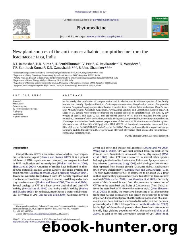 New plant sources of the anti-cancer alkaloid, camptothecine from the Icacinaceae taxa, India by B.T. Ramesha