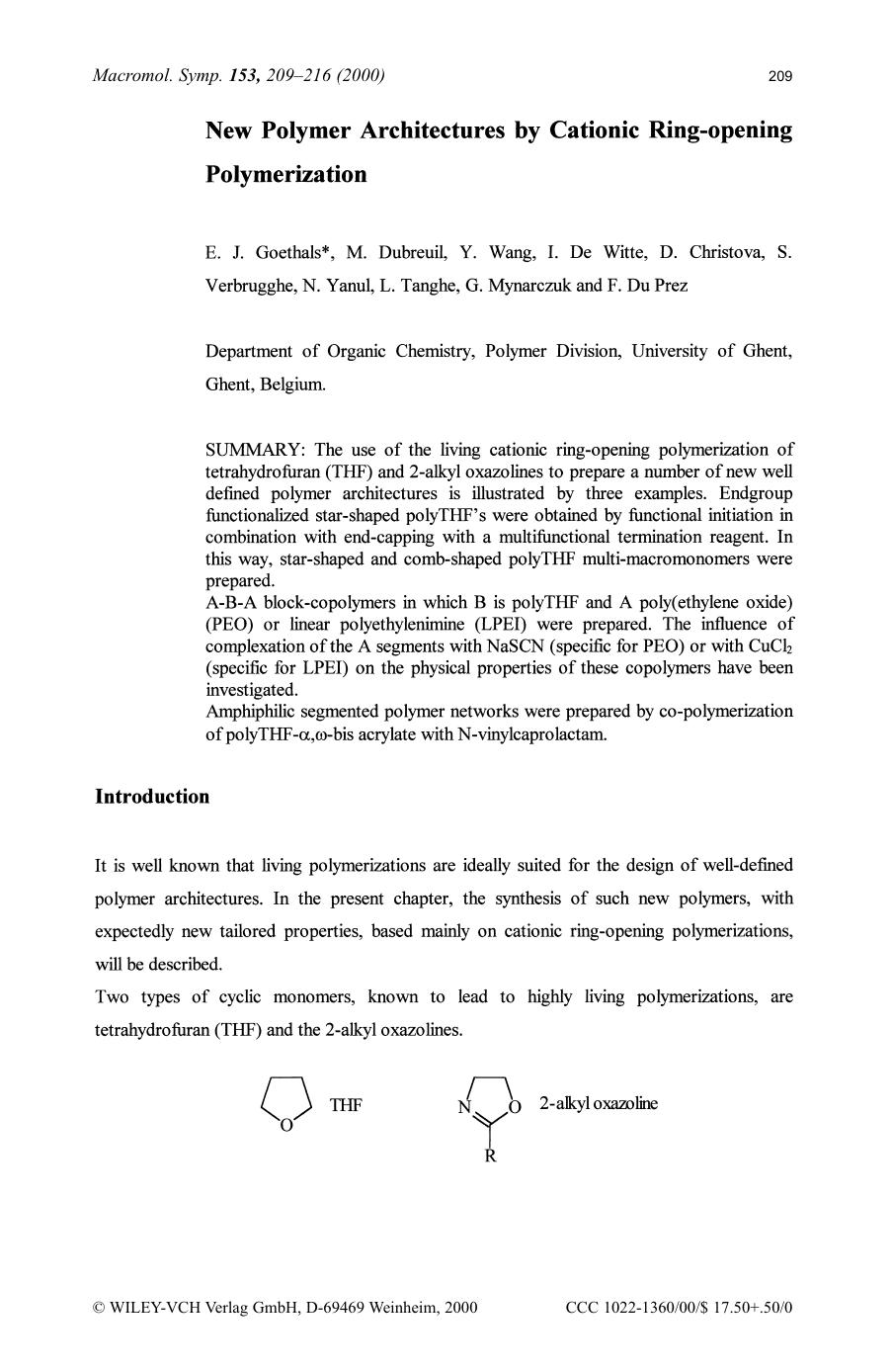 New polymer architectures by cationic ring-opening polymerization by SOD