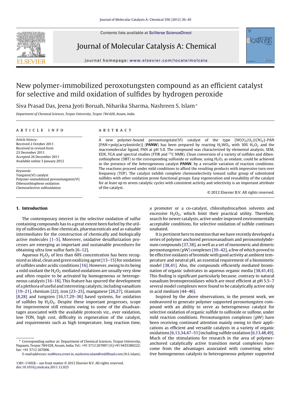 New polymer-immobilized peroxotungsten compound as an efficient catalyst for selective and mild oxidation of sulfides by hydrogen peroxide by Siva Prasad Das