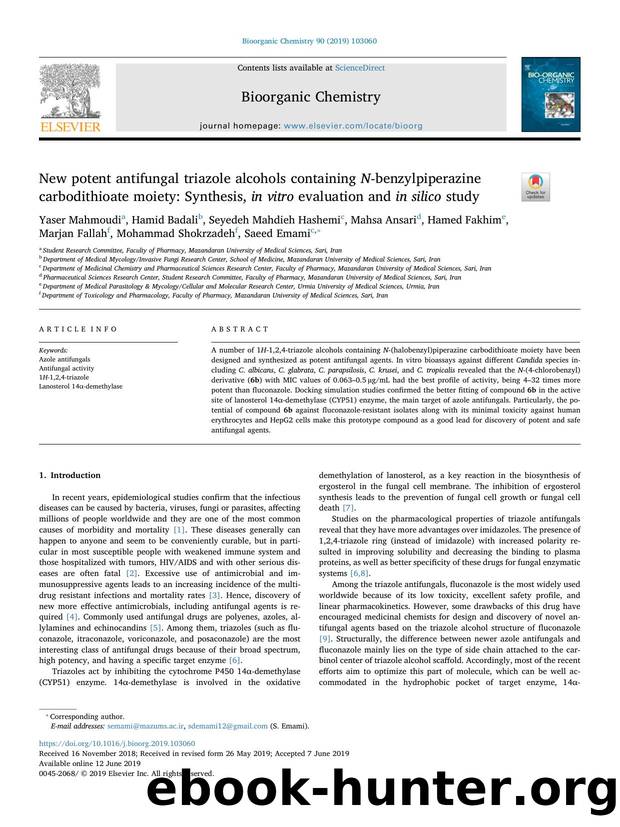 New potent antifungal triazole alcohols containing N-benzylpiperazine carbodithioate moiety_ Synthesis, in vitro evaluation and in silico study by unknow