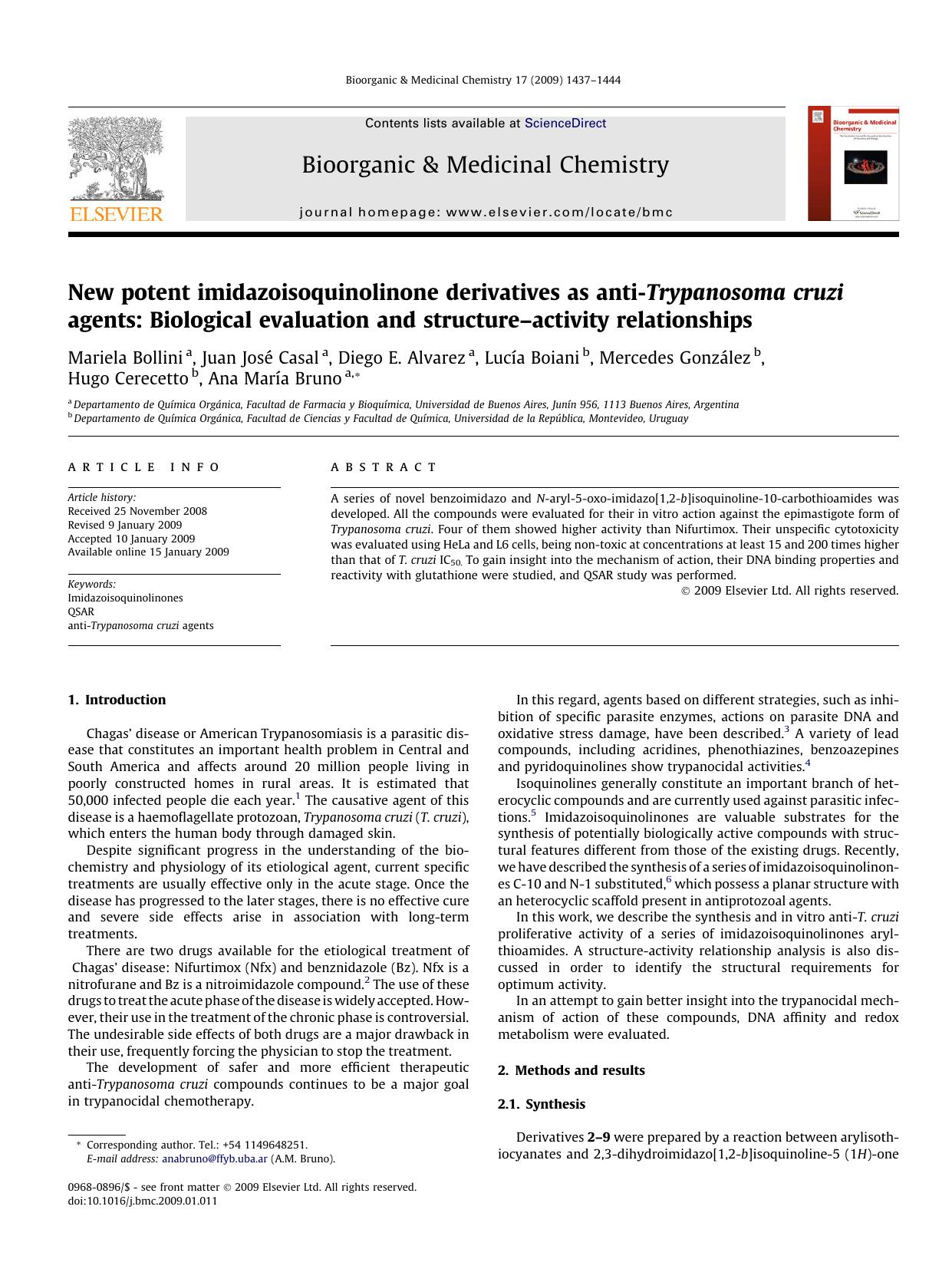 New potent imidazoisoquinolinone derivatives as anti-Trypanosoma cruzi agents: Biological evaluation and structureâactivity relationships by unknow