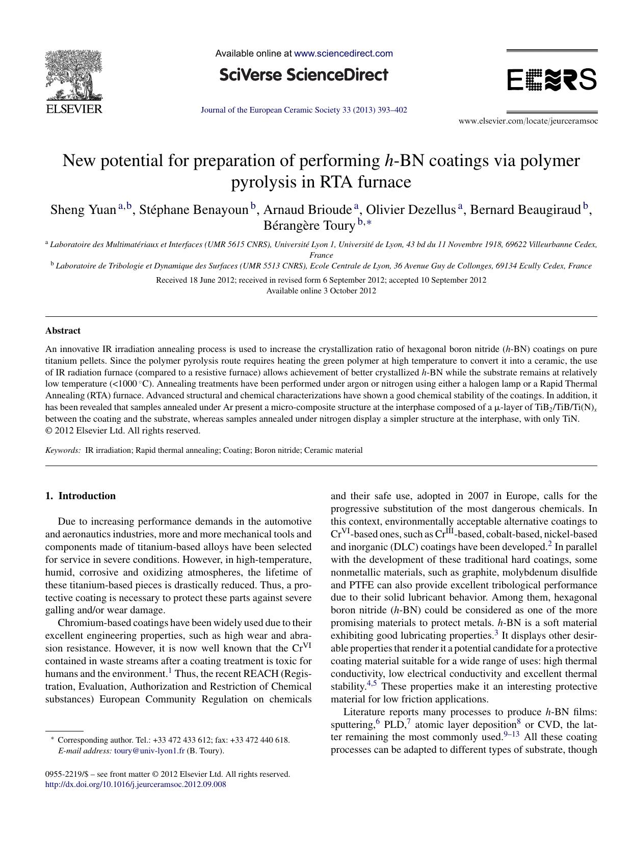 New potential for preparation of performing h-BN coatings via polymer pyrolysis in RTA furnace by Sheng Yuan