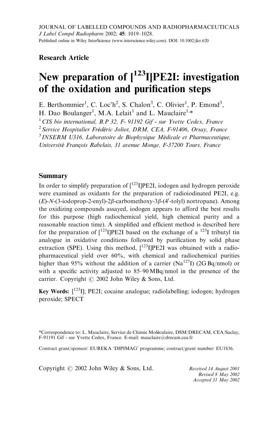 New preparation of [123I]PE2I: investigation of the oxidation and purification steps by Unknown