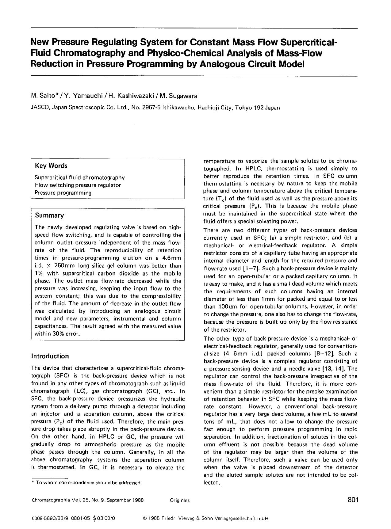 New pressure regulating system for constant mass flow supercritical-fluid chromatography and physico-chemical analysis of mass-flow reduction in pressure programming by analogous circuit model by Unknown