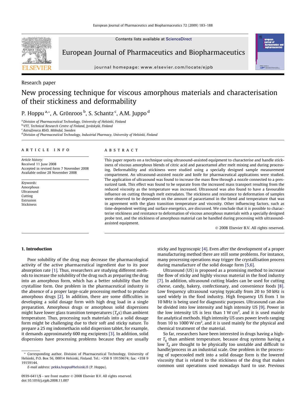 New processing technique for viscous amorphous materials and characterisation of their stickiness and deformability by P. Hoppu; A. Grönroos; S. Schantz; A.M. Juppo