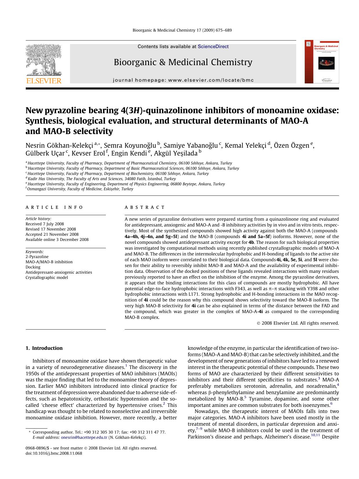New pyrazoline bearing 4(3H)-quinazolinone inhibitors of monoamine oxidase: Synthesis, biological evaluation, and structural determinants of MAO-A and MAO-B selectivity by unknow