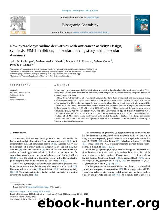 New pyrazolopyrimidine derivatives with anticancer activity_ Design, synthesis, PIM-1 inhibition, molecular docking study and molecular dynamics by John N. Philoppes & Mohammed A. Khedr & Marwa H.A. Hassan & Gehan Kamel & Phoebe F. Lamie