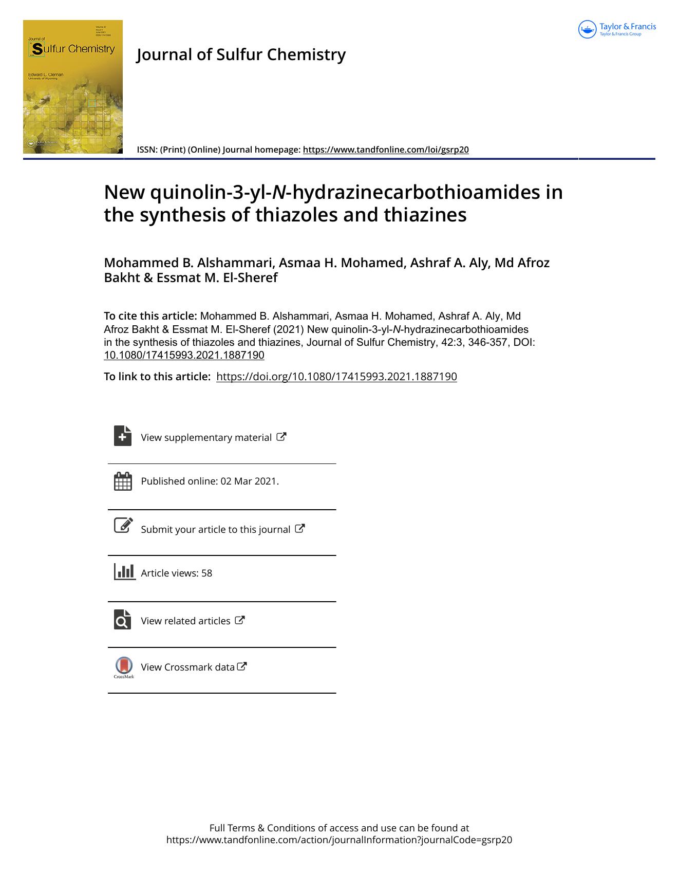 New quinolin-3-yl-N-hydrazinecarbothioamides in the synthesis of thiazoles and thiazines by Mohammed B. Alshammari & Asmaa H. Mohamed & Ashraf A. Aly & Md Afroz Bakht & Essmat M. El-Sheref