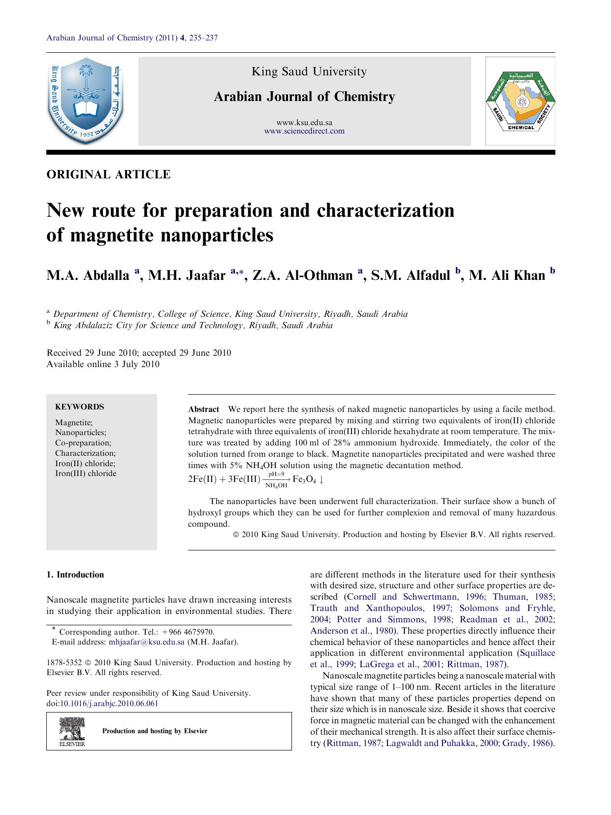 New route for preparation and characterization of magnetite nanoparticles by M.A. Abdalla & M.H. Jaafar & Z.A. Al-Othman & S.M. Alfadul & M. Ali Khan