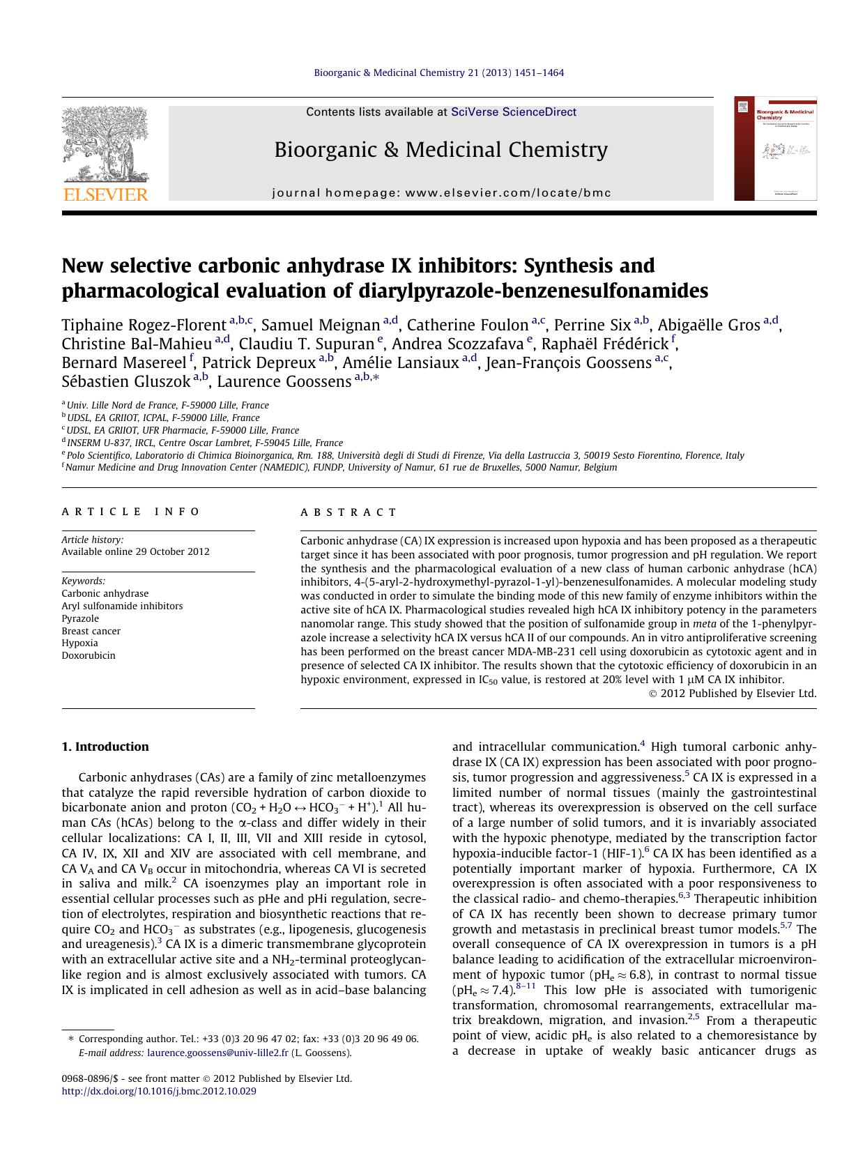 New selective carbonic anhydrase IX inhibitors: Synthesis and pharmacological evaluation of diarylpyrazole-benzenesulfonamides by unknow