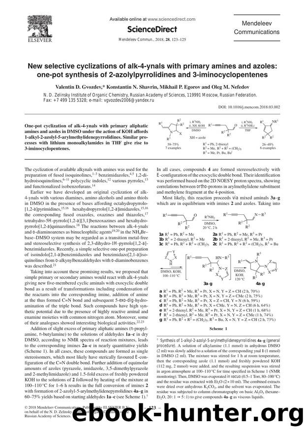 New selective cyclizations of alk-4-ynals with primary amines and azoles:one-pot synthesis of 2-azolylpyrrolidines and 3-iminocyclopentenes by Valentin D. Gvozdev & Konstantin N. Shavrin & Mikhail P. Egorov & Oleg M. Nefedov