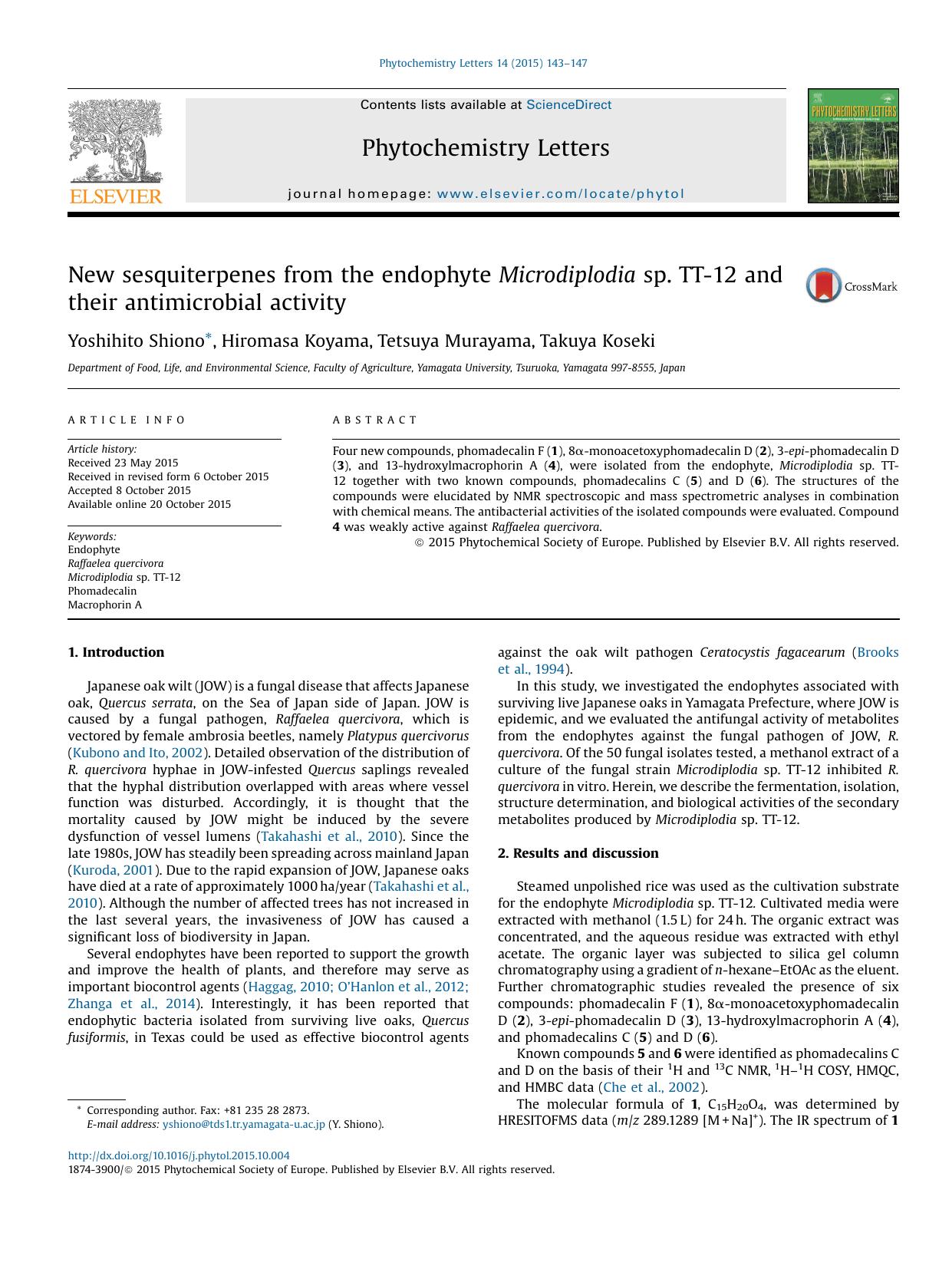 New sesquiterpenes from the endophyte Microdiplodia sp. TT-12 and their antimicrobial activity by Yoshihito Shiono & Hiromasa Koyama & Tetsuya Murayama & Takuya Koseki