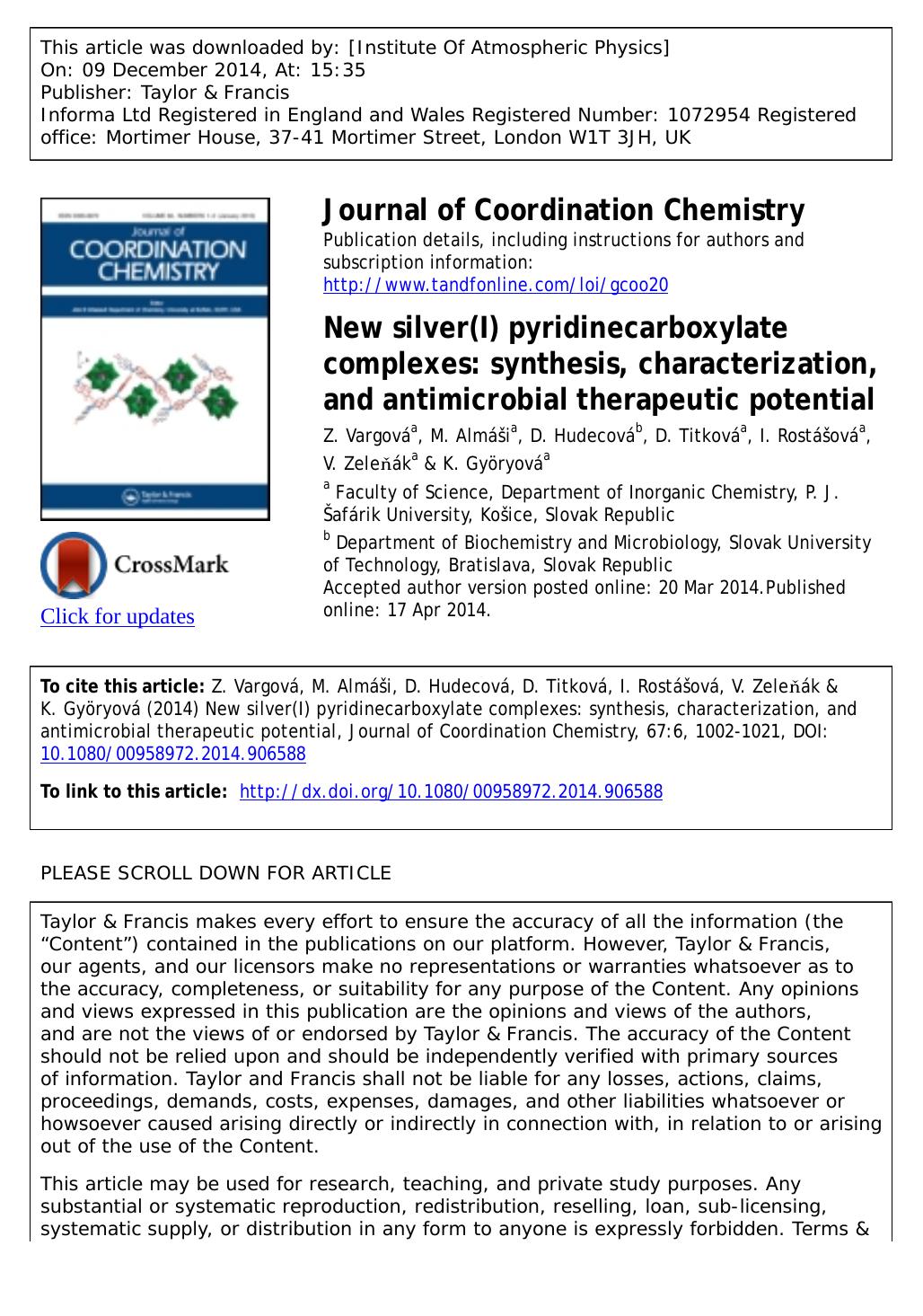 New silver(I) pyridinecarboxylate complexes: synthesis, characterization, and antimicrobial therapeutic potential by Z. Vargová