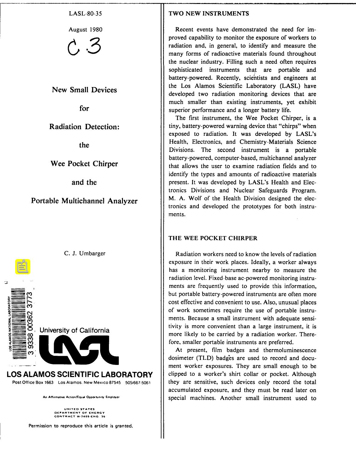New small devices for radiation detection: the Wee Pocket Chirper and the portable multichannel analyzer LASL-80-35 by LANL Research Library LWW Project