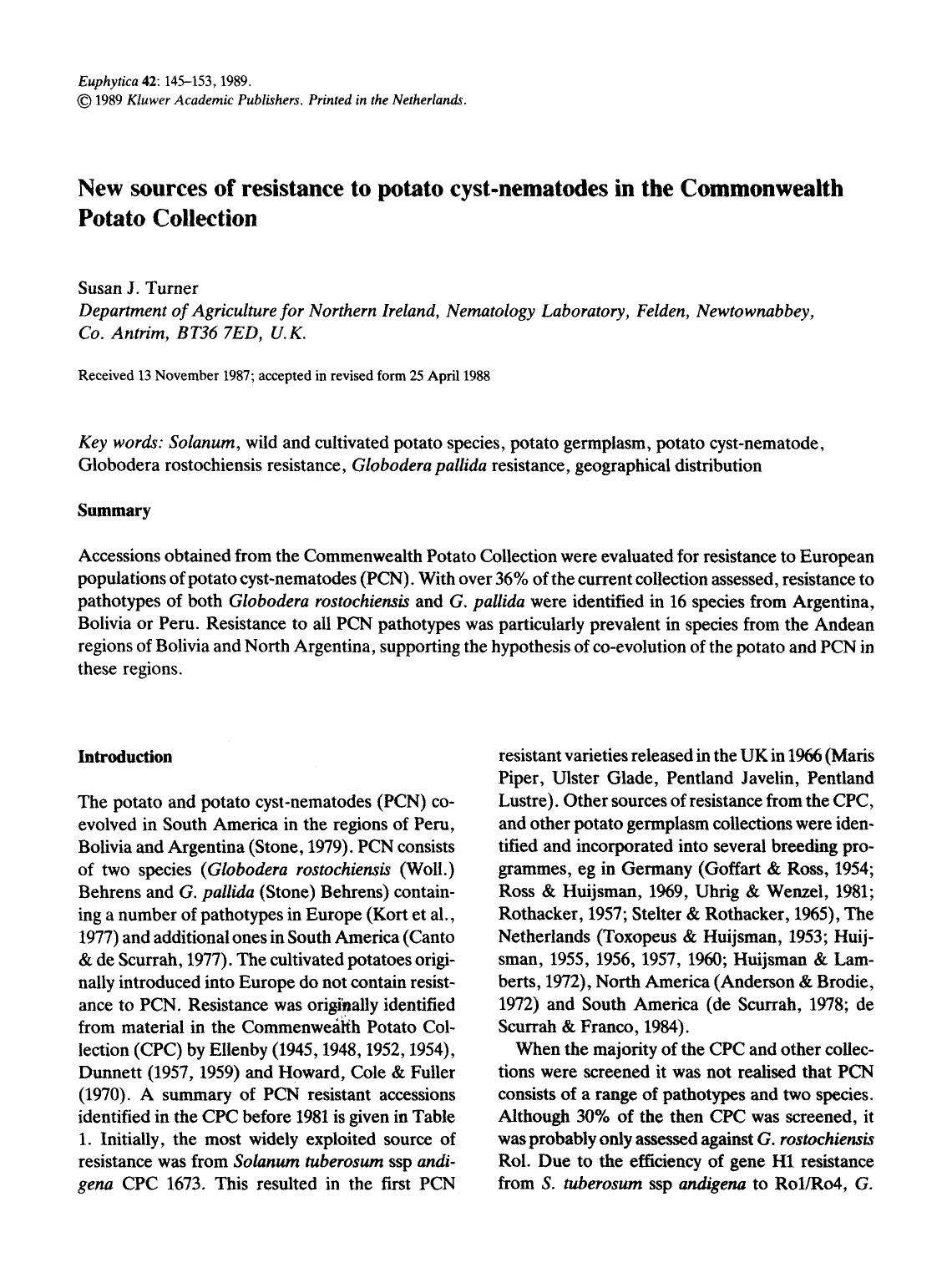 New sources of resistance to potato cyst-nematodes in the Commonwealth Potato Collection by Unknown