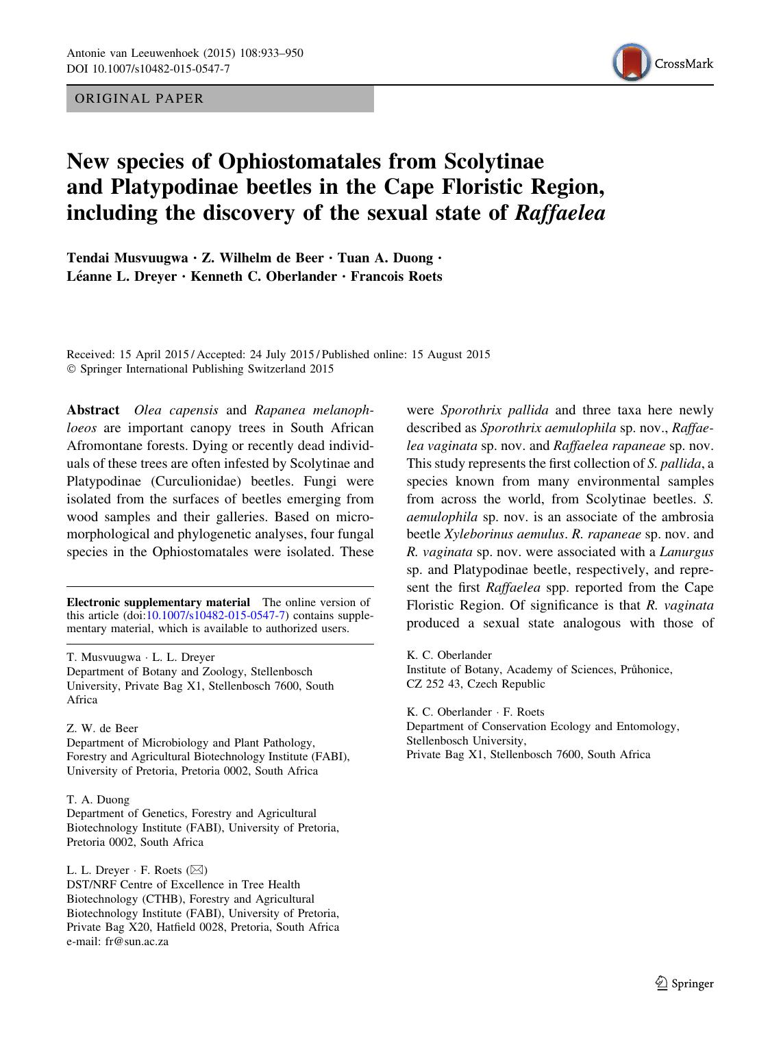 New species of Ophiostomatales from Scolytinae and Platypodinae beetles in the Cape Floristic Region, including the discovery of the sexual state of Raffaelea by unknow