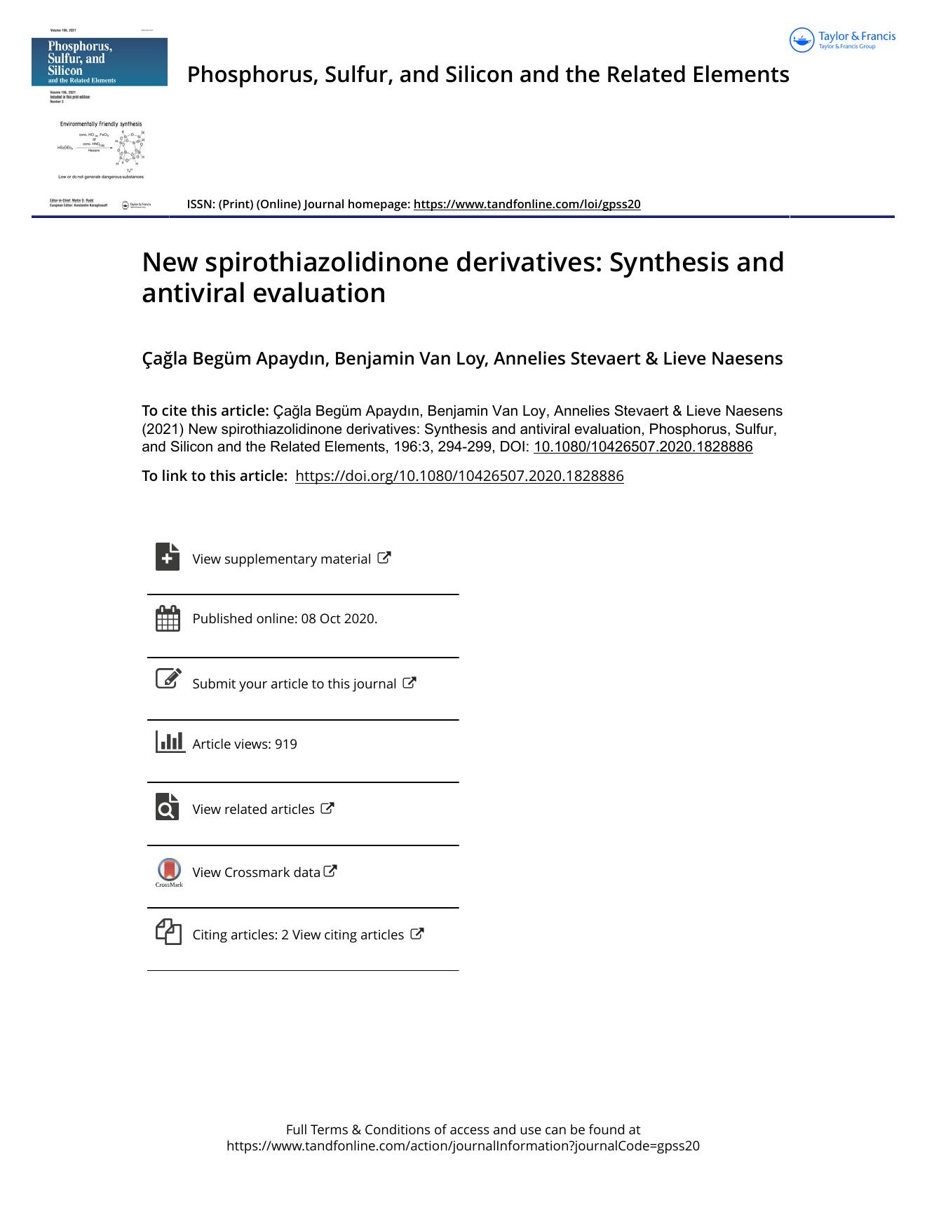 New spirothiazolidinone derivatives: Synthesis and antiviral evaluation by Apaydın Çağla Begüm & Loy Benjamin Van & Stevaert Annelies & Naesens Lieve