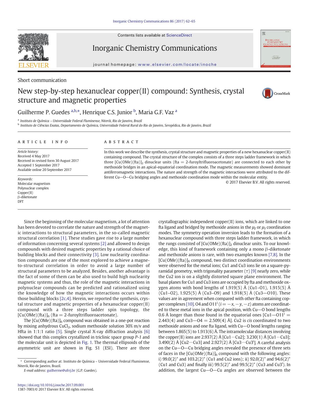 New step-by-step hexanuclear copper(II) compound: Synthesis, crystal structure and magnetic properties by Unknown