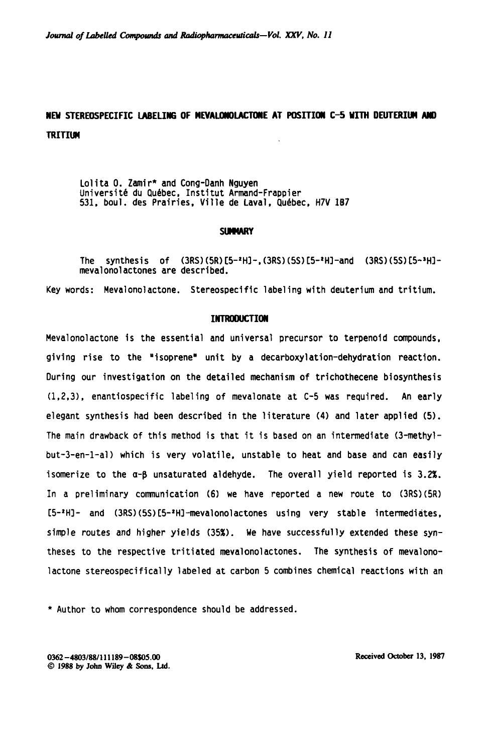 New stereospecific labeling of mevalonolactone at position C-5 with deuterium and tritium by Unknown