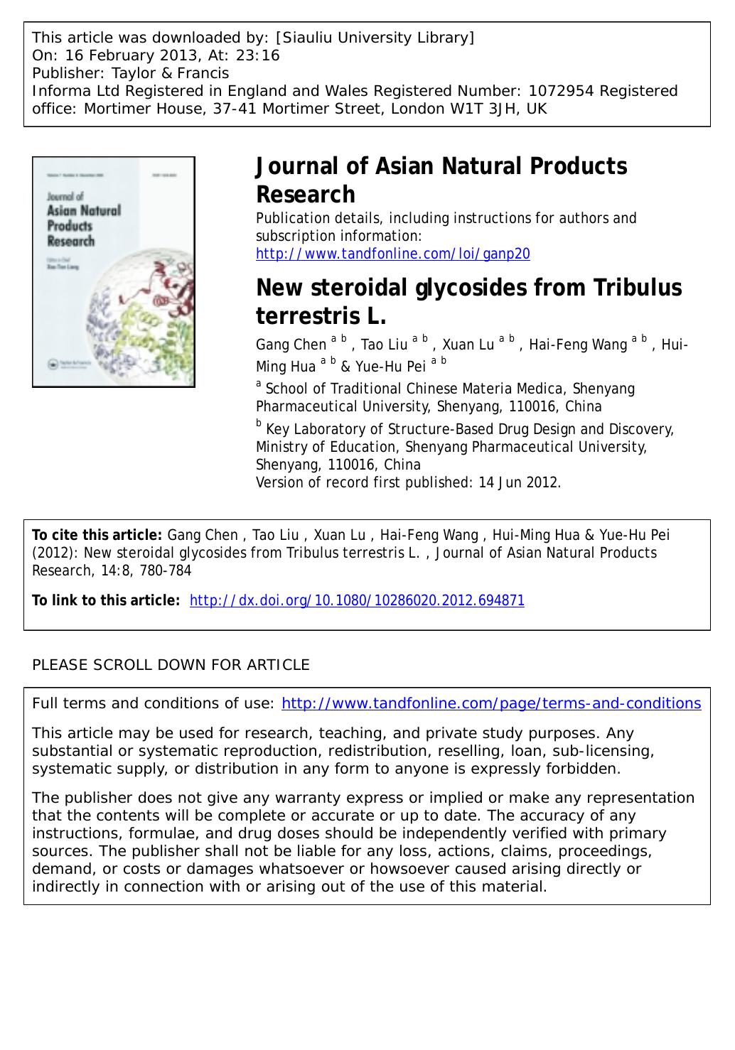 New steroidal glycosides from Tribulus terrestris L. by Gang Chen Tao Liu Xuan Lu Hai-Feng Wang Hui-Ming Hua & Yue-Hu Pei