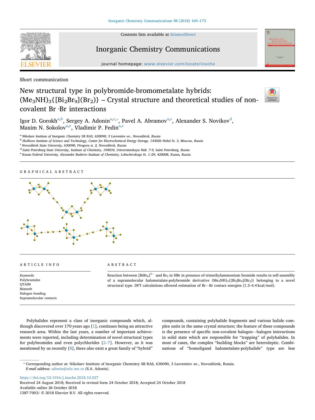 New structural type in polybromide-bromometalate hybrids_ (Me3NH)3{[Bi2Br9](Br2)} â Crystal structure and theoretical studies of non-covalent Br Â·Br interactions by unknow