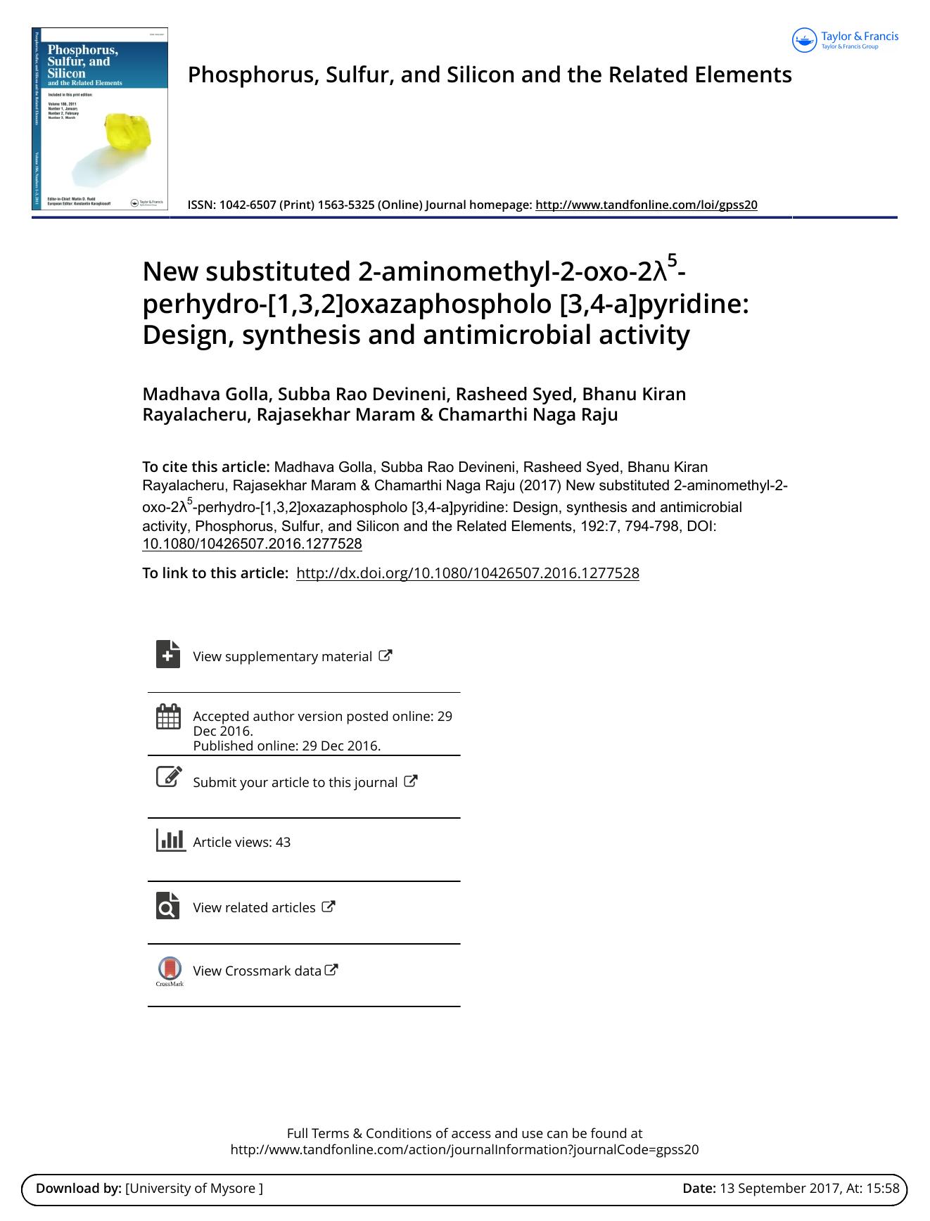New substituted 2-aminomethyl-2-oxo-25-perhydro-[1,3,2]oxazaphospholo [3,4-a]pyridine: Design, synthesis and antimicrobial activity by unknow