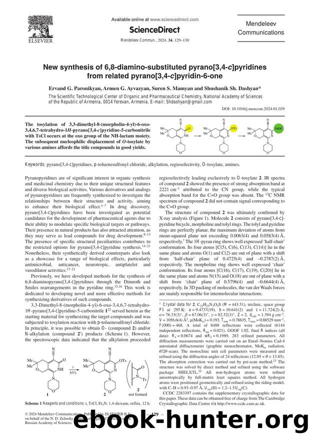 New synthesis of 6,8-diamino-substituted pyrano[3,4-c]pyridines from related pyrano[3,4-c]pyridin-6-one by Ervand G. Paronikyan & Armen G. Ayvazyan & Suren S. Mamyan & Shushanik Sh. Dashyan