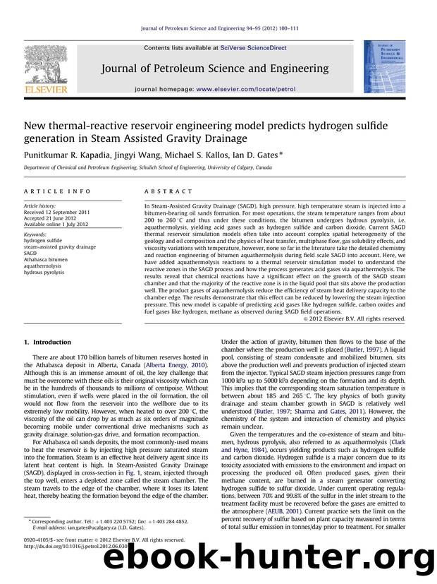 New thermal-reactive reservoir engineering model predicts hydrogen sulfide generation in Steam Assisted Gravity Drainage by Punitkumar R. Kapadia & Jingyi Wang & Michael S. Kallos & Ian D. Gates