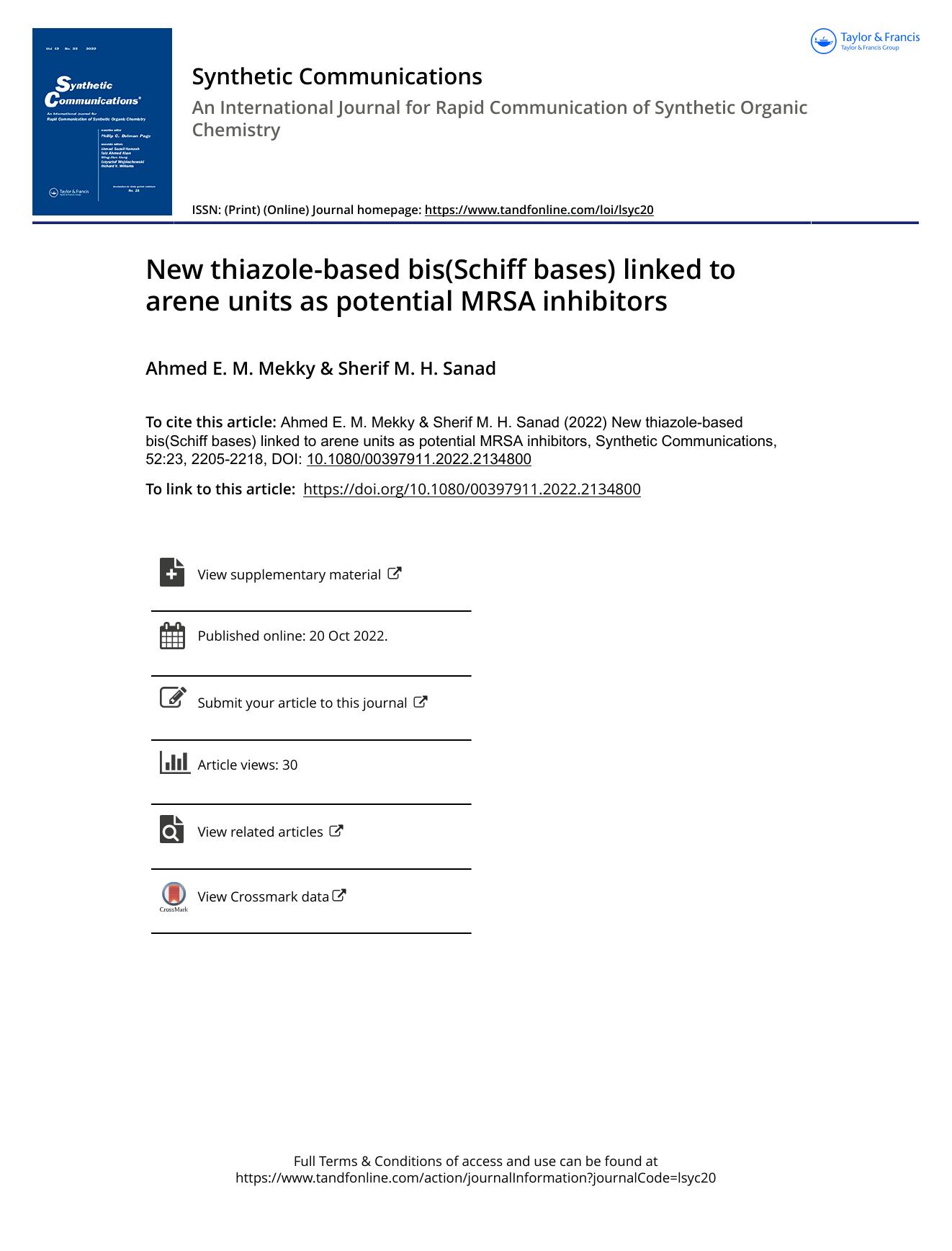 New thiazole-based bis(Schiff bases) linked to arene units as potential MRSA inhibitors by Mekky Ahmed E. M. & Sanad Sherif M. H