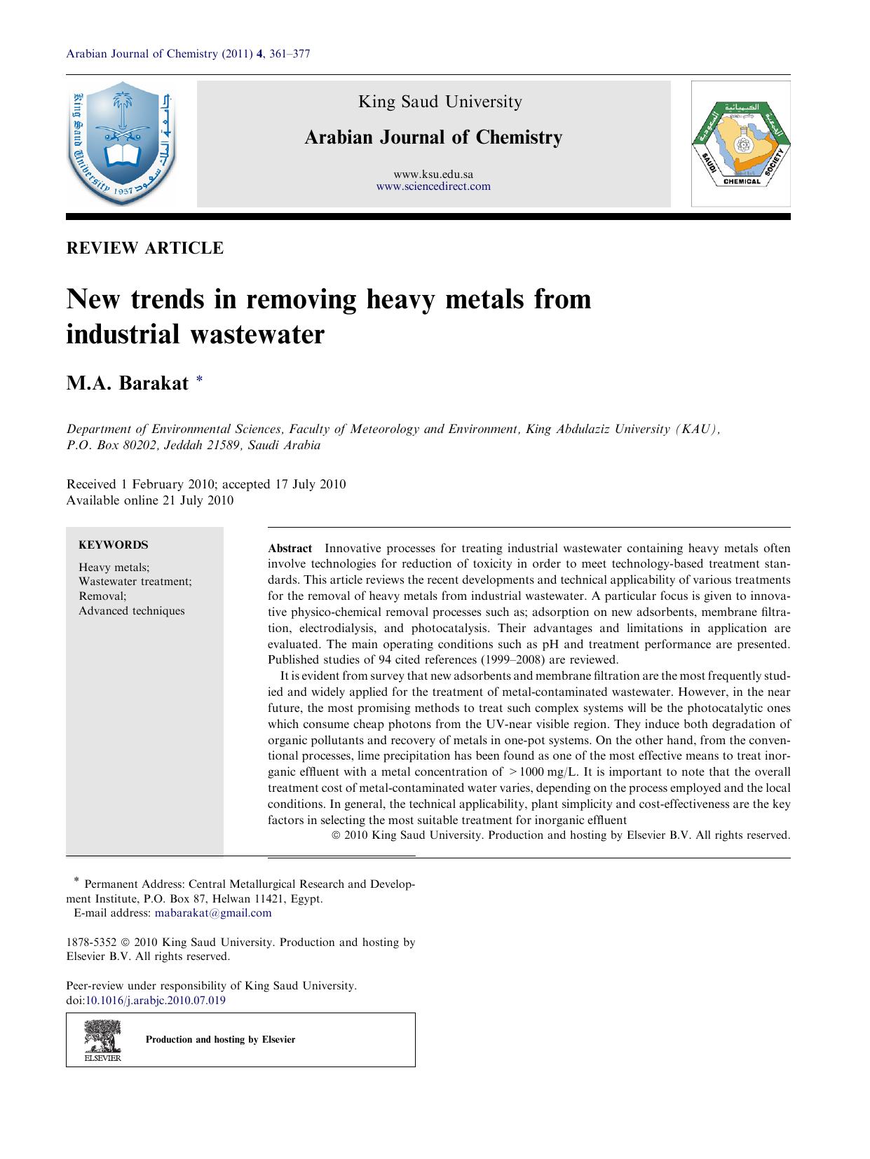 New trends in removing heavy metals from industrial wastewater by M.A. Barakat