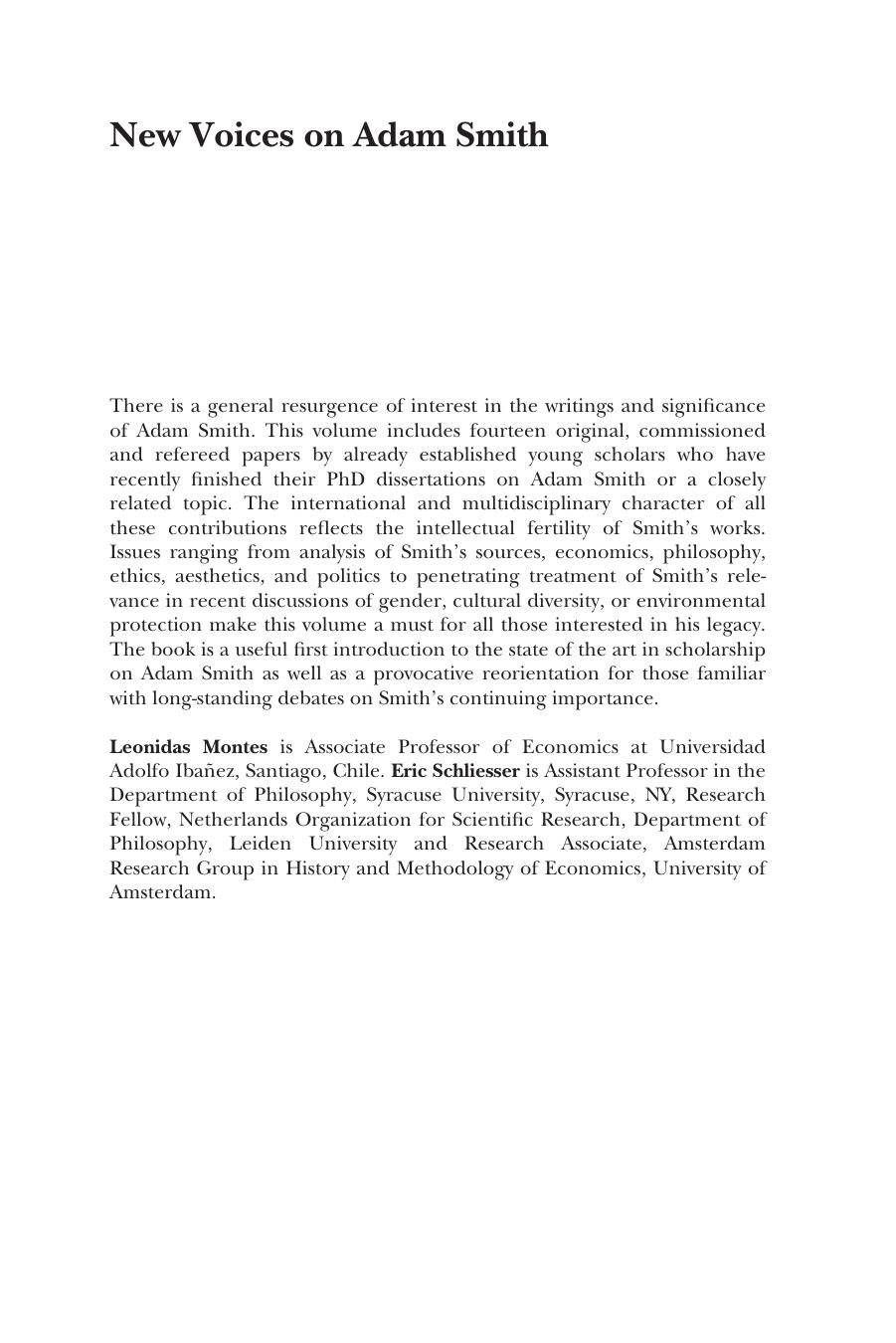 New voices on Adam Smith by Montes Leonidas;Schliesser Eric;Smith Adam