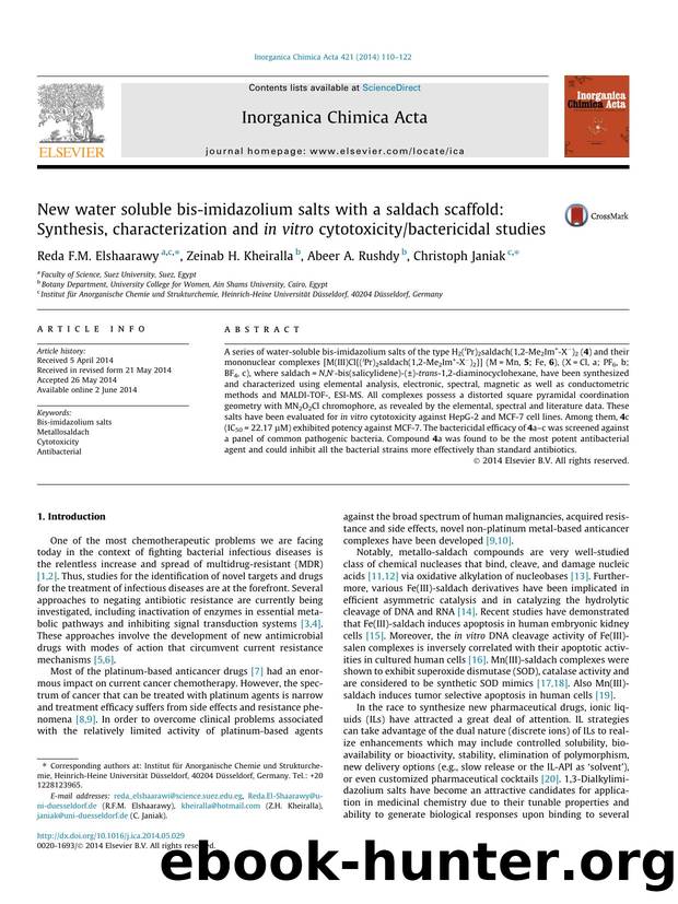 New water soluble bis-imidazolium salts with a saldach scaffold: Synthesis, characterization and in vitro cytotoxicitybactericidal studies by Reda F.M. Elshaarawy & Zeinab H. Kheiralla & Abeer A. Rushdy & Christoph Janiak