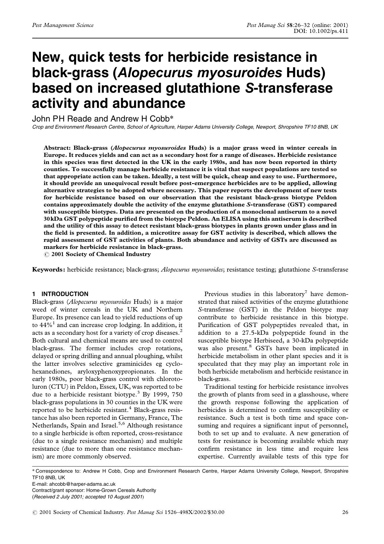 New, quick tests for herbicide resistance in black-grass (Alopecurus myosuroides Huds) based on increased glutathione S-transferase activity and abundance by Unknown