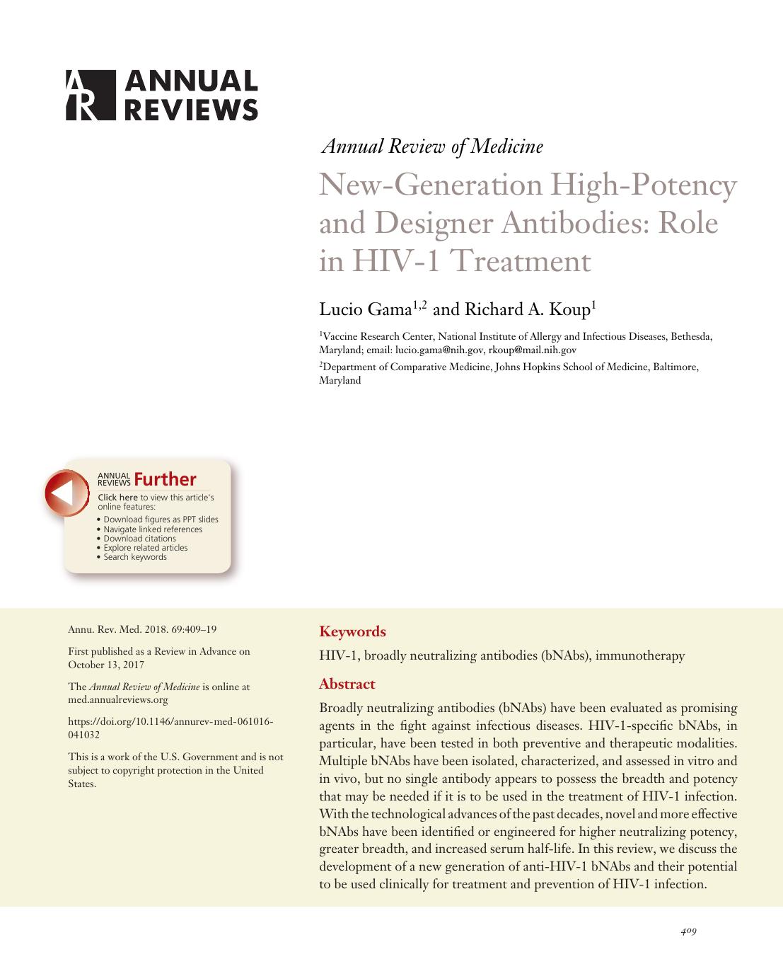 New-Generation High-Potency and Designer Antibodies: Role in HIV-1 Treatment by Lucio Gama and Richard A. Koup