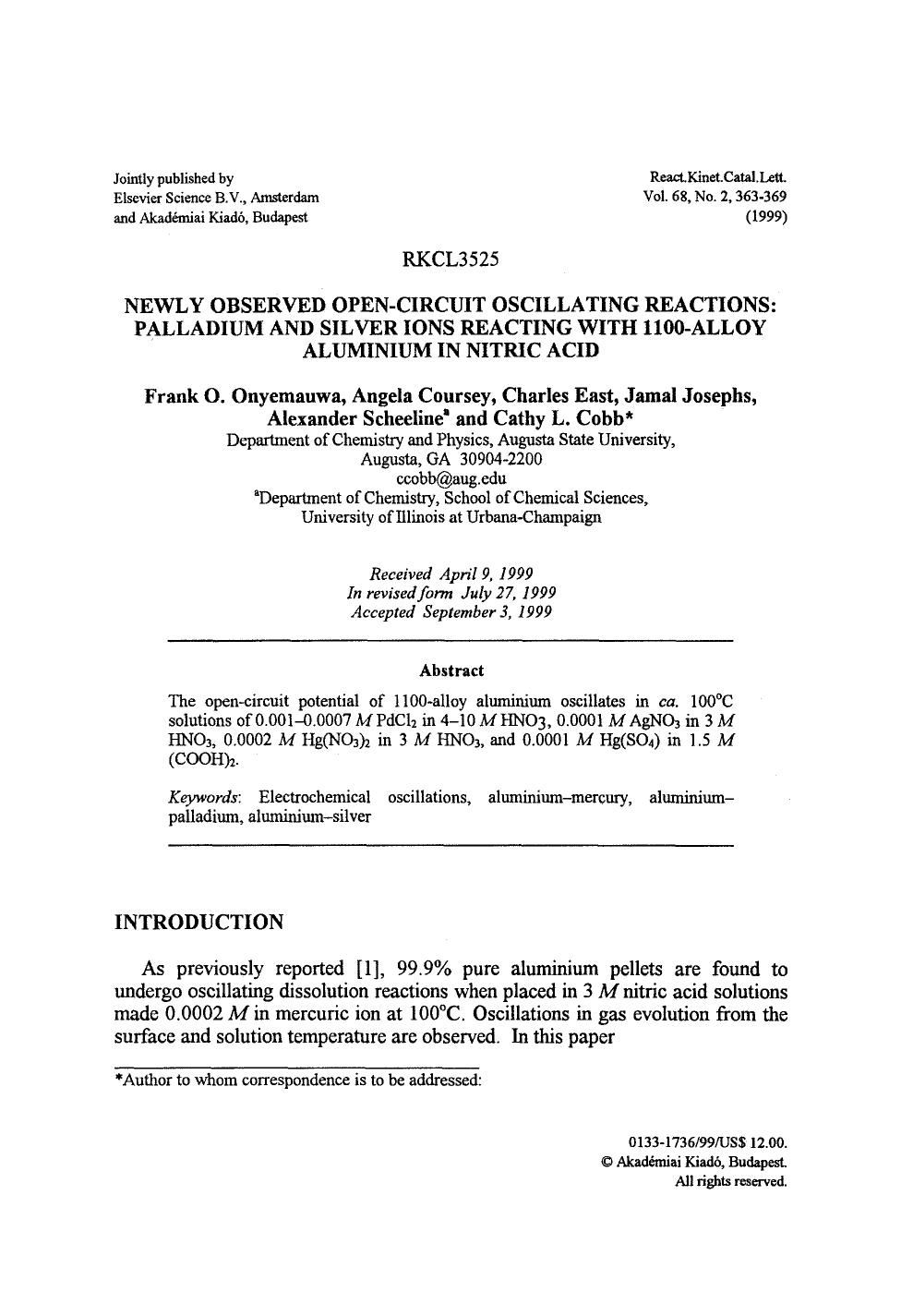 Newly observed open-circuit oscillating reactions: palladium and silver ions reacting with 1100-alloy aluminium in nitric acid by Unknown