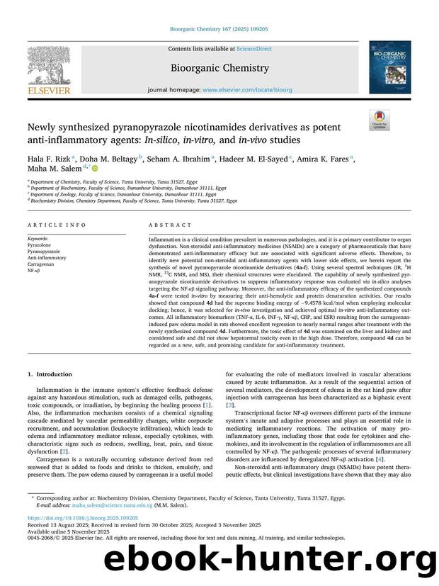 Newly synthesized pyranopyrazole nicotinamides derivatives as potent anti-inflammatory agents: In-silico , in-vitro, and in-vivo studies by unknow