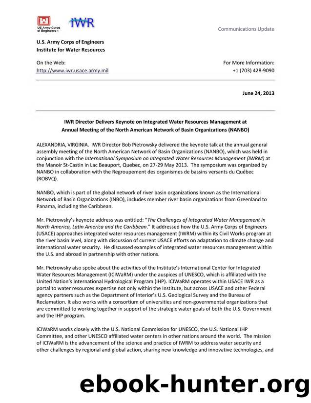 News: IWR Director Delivers Keynote on Integrated Water Resources Management at Annual Meeting of the North American Network of Basin Organizations (NANBO) by U.S. Army Engineer Institute for Water Resources