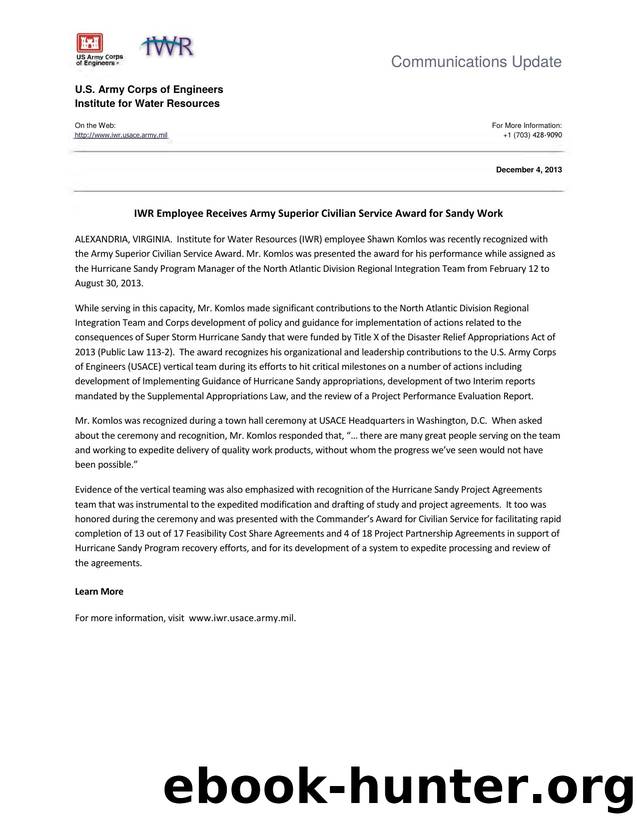 News: IWR Employee Receives Army Superior Civilian Service Award for Sandy Work by U.S. Army Engineer Institute for Water Resources
