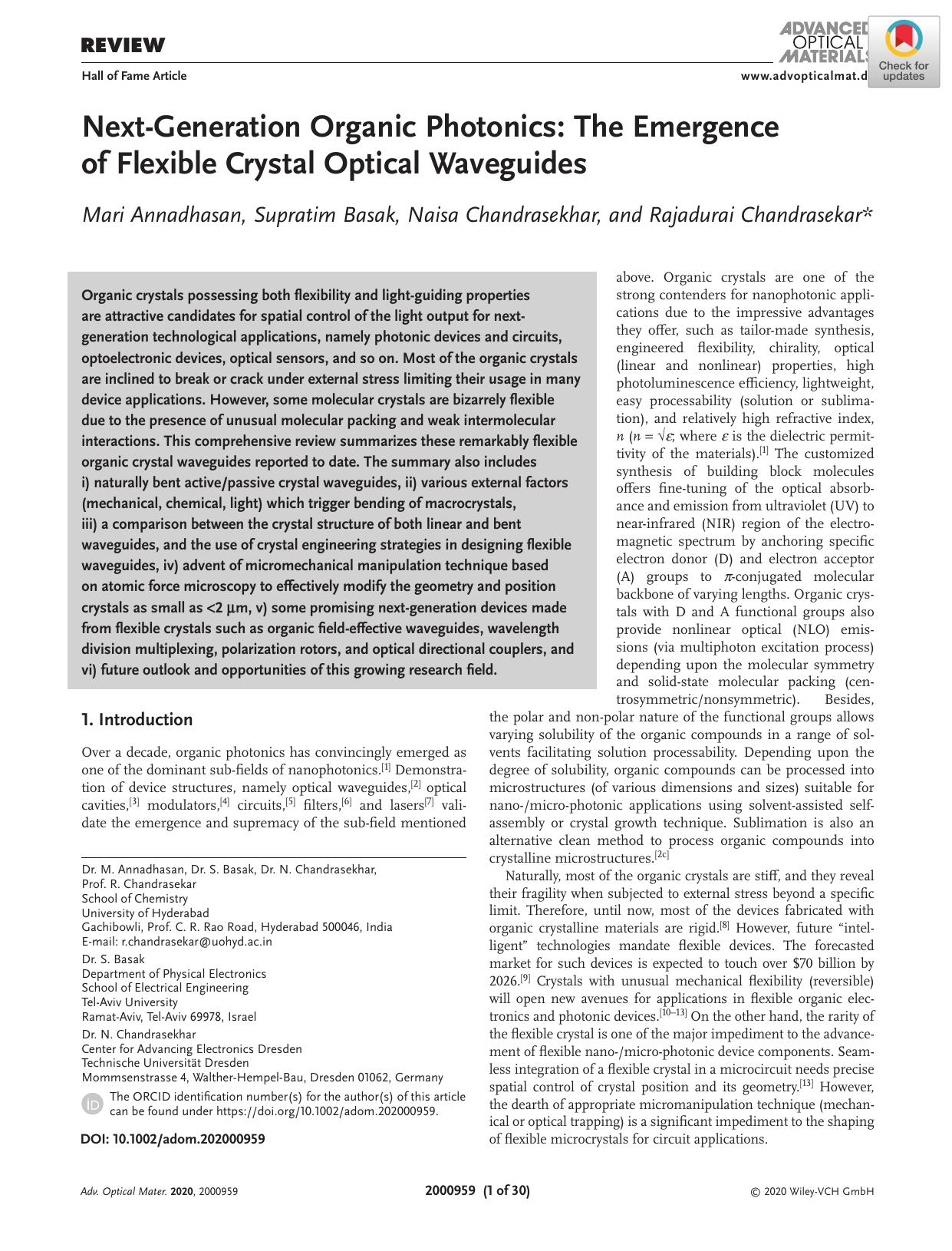 NextâGeneration Organic Photonics: The Emergence of Flexible Crystal Optical Waveguides by Unknown