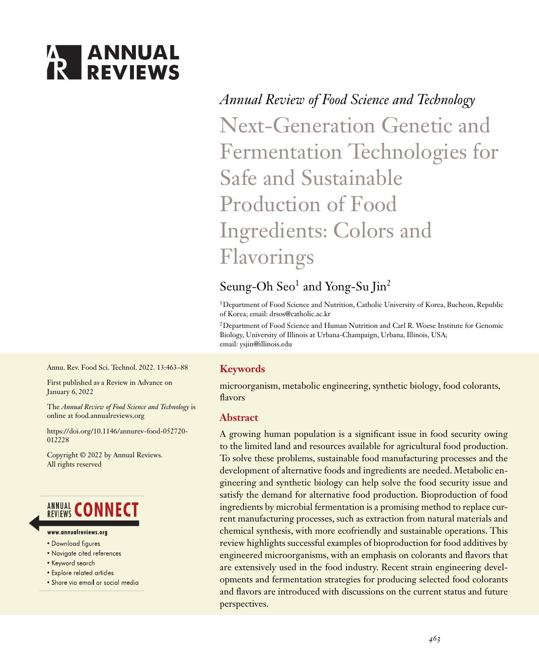 Next-Generation Genetic and Fermentation Technologies for Safe and Sustainable Production of Food Ingredients: Colors and Flavorings by Seung-Oh Seo and Yong-Su Jin