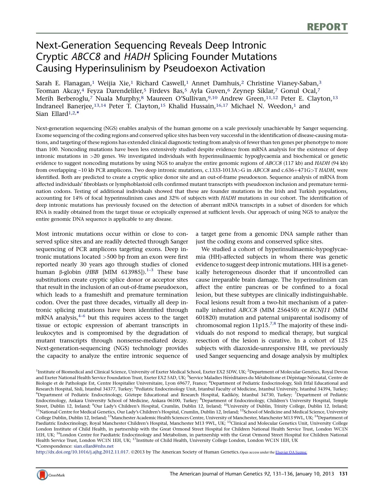 Next-Generation Sequencing Reveals Deep Intronic Cryptic ABCC8 and HADH Splicing Founder Mutations Causing Hyperinsulinism by Pseudoexon Activation by unknow