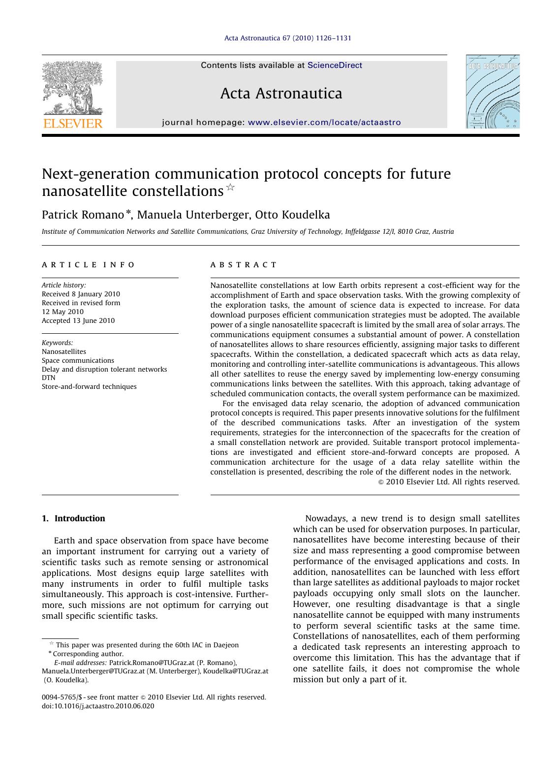 Next-generation communication protocol concepts for future nanosatellite constellations by Patrick Romano & Manuela Unterberger & Otto Koudelka