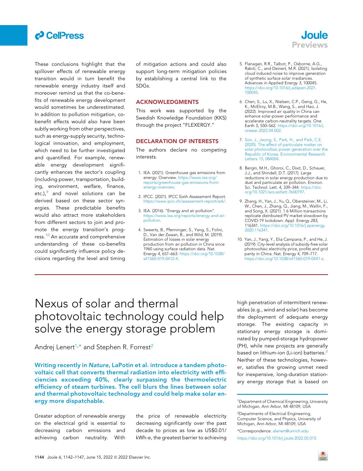 Nexus of solar and thermal photovoltaic technology could help solve the energy storage problem by Andrej Lenert & Stephen R. Forrest