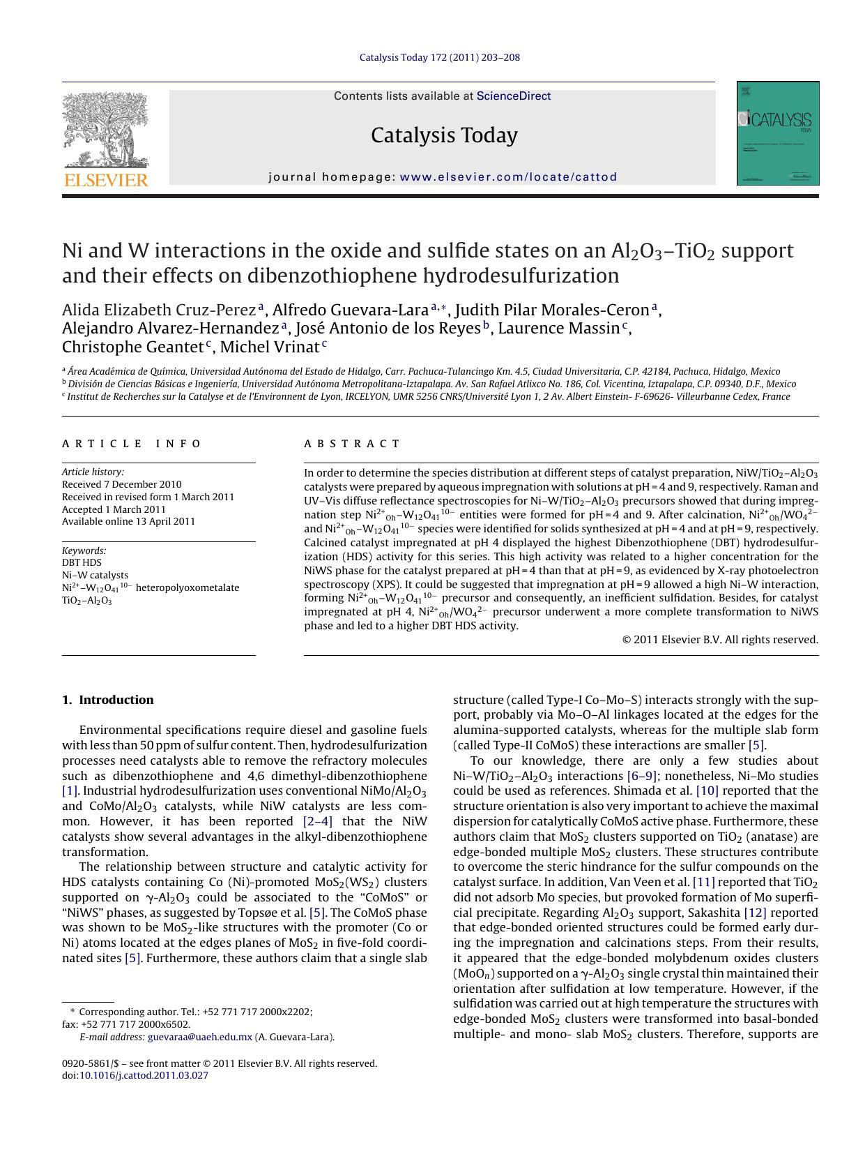 Ni and W interactions in the oxide and sulfide states on an Al2O3Ã¢â¬âTiO2 support and their effects on dibenzothiophene hydrodesulfurization by Alida Elizabeth Cruz-Perez