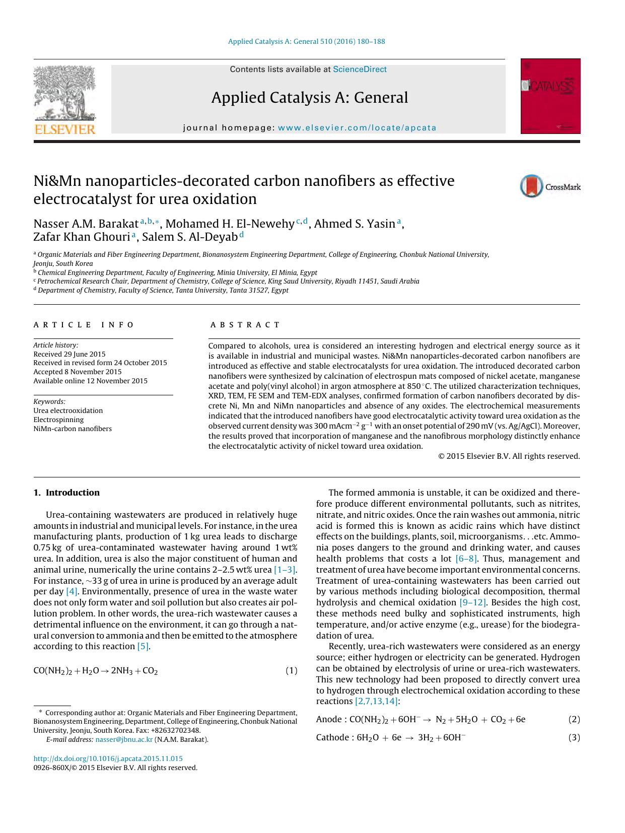 Ni&Mn nanoparticles-decorated carbon nanofibers as effective electrocatalyst for urea oxidation by Nasser A.M. Barakat & Mohamed H. El-Newehy & Ahmed S. Yasin & Zafar Khan Ghouri & Salem S. Al-Deyab