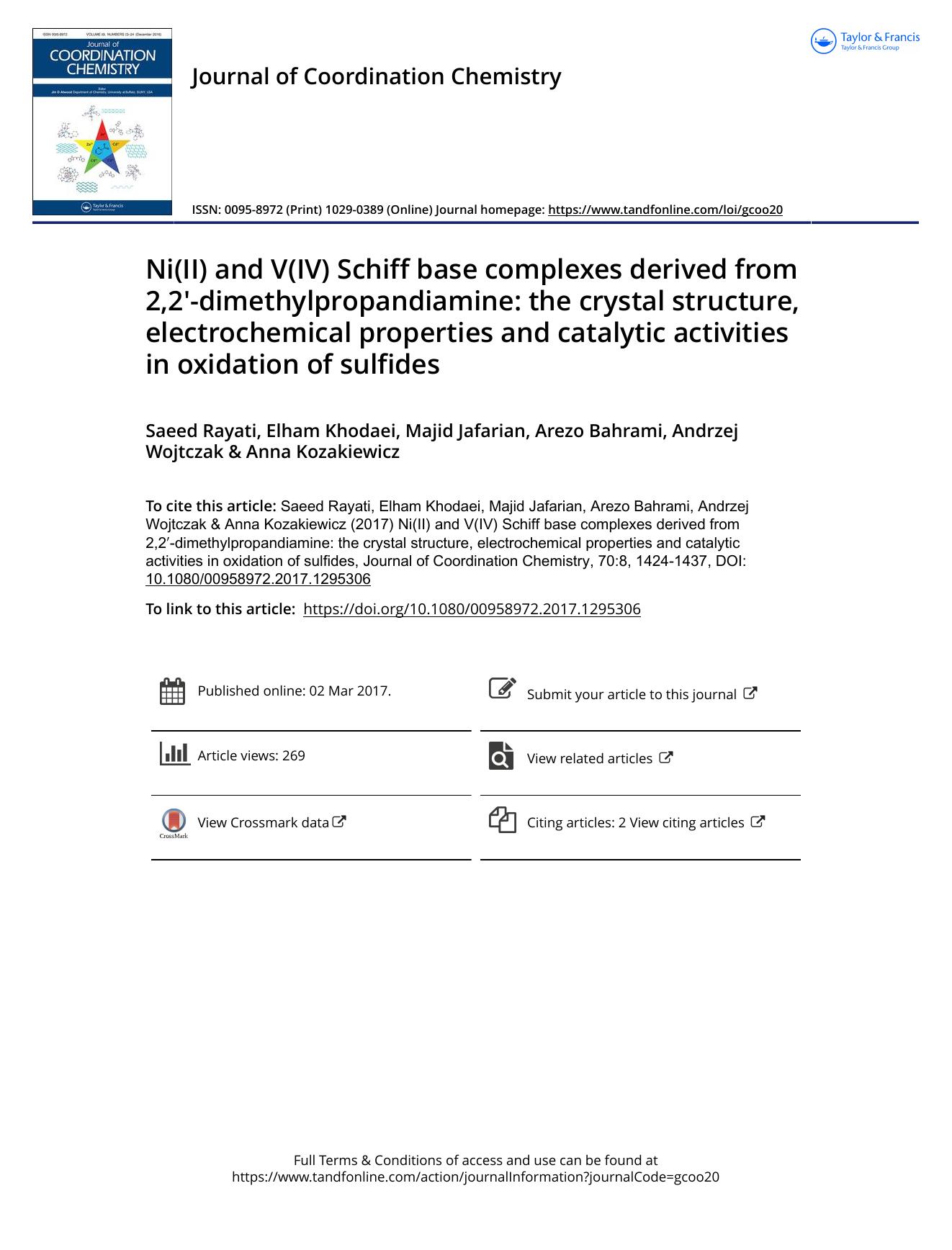 Ni(II) and V(IV) Schiff base complexes derived from 2,2â²-dimethylpropandiamine: the crystal structure, electrochemical properties and catalytic activities in oxidation of sulfides by Saeed Rayati & Elham Khodaei & Majid Jafarian & Arezo Bahrami & Andrzej Wojtczak & Anna Kozakiewicz